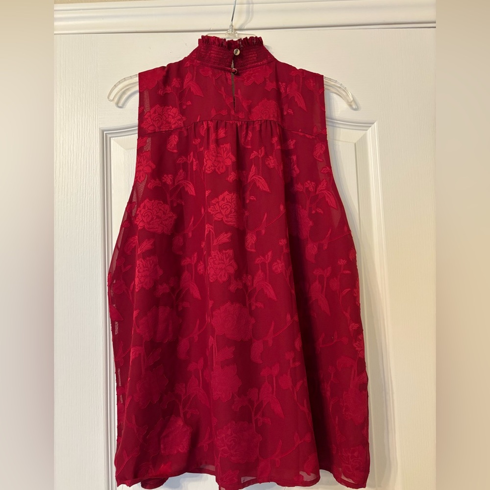 Loft XL top Magenta Pink High neck Sleeveless burnout floral ruffle blouse